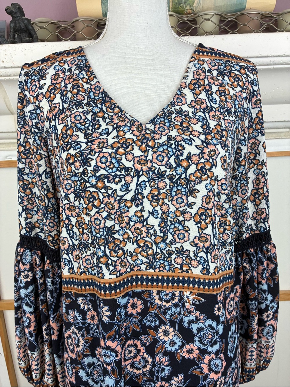 MSK Cottage-core Boho Floral Long-Sleeve V-Neck Dress w/ crochet inserts - Picture 2 of 8